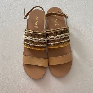 Aldo Genuine Leather Beaded Shell Sandals | Boho Beach Summer Sandals Tan Size 9